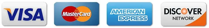 VISA, Mastercard, American Express, and Discover credit cards